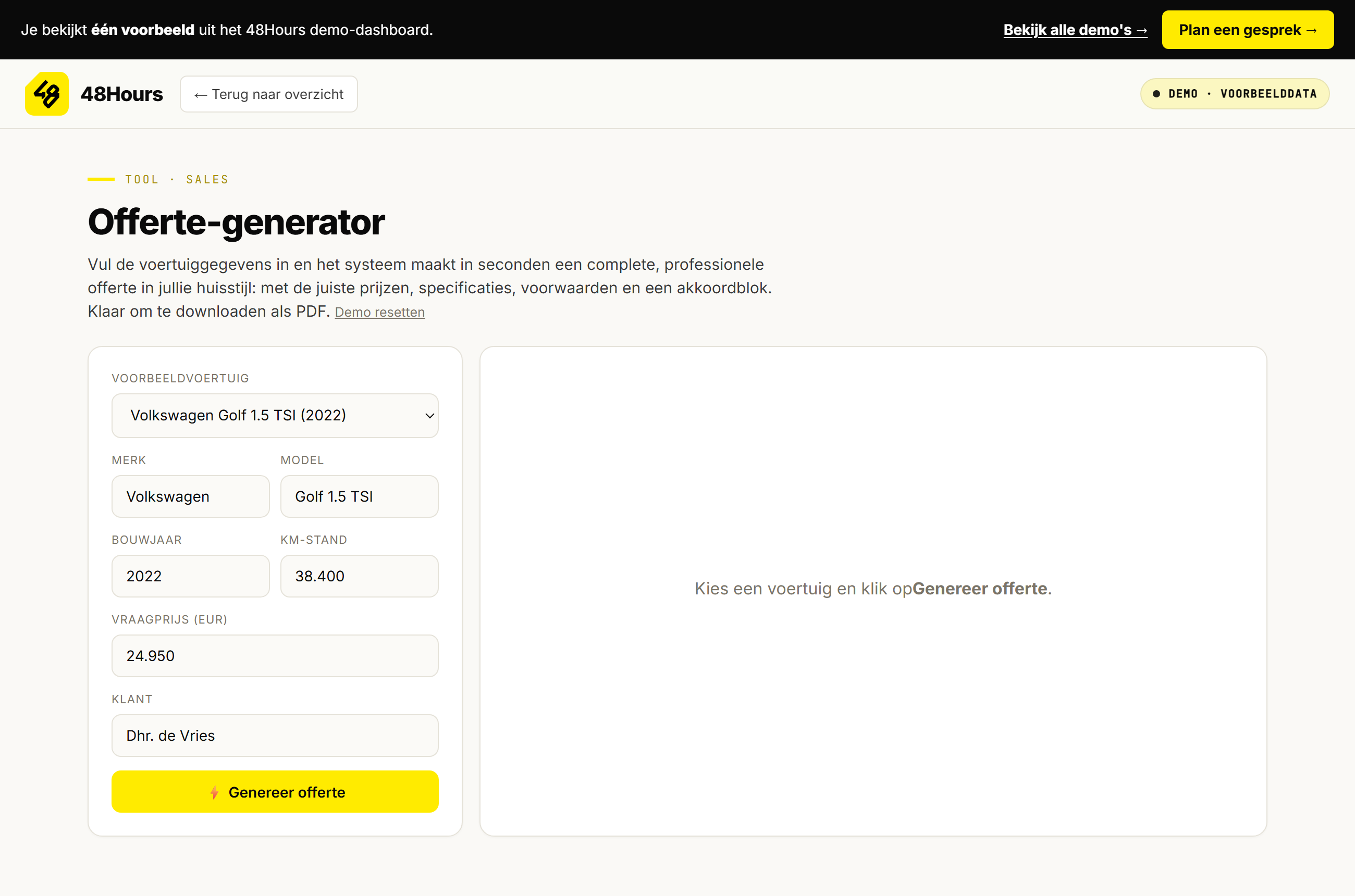 Screenshot van de live demo