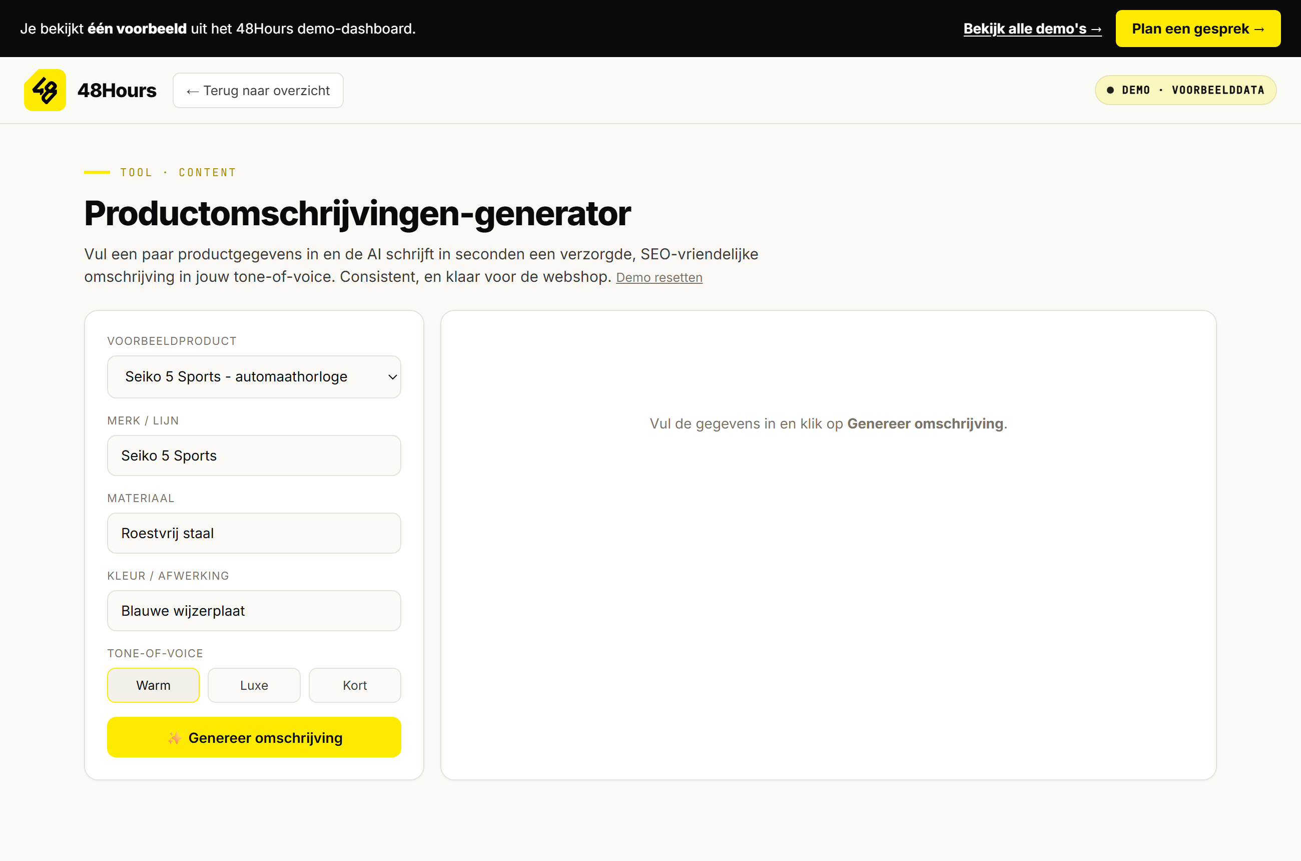 Screenshot van de live demo