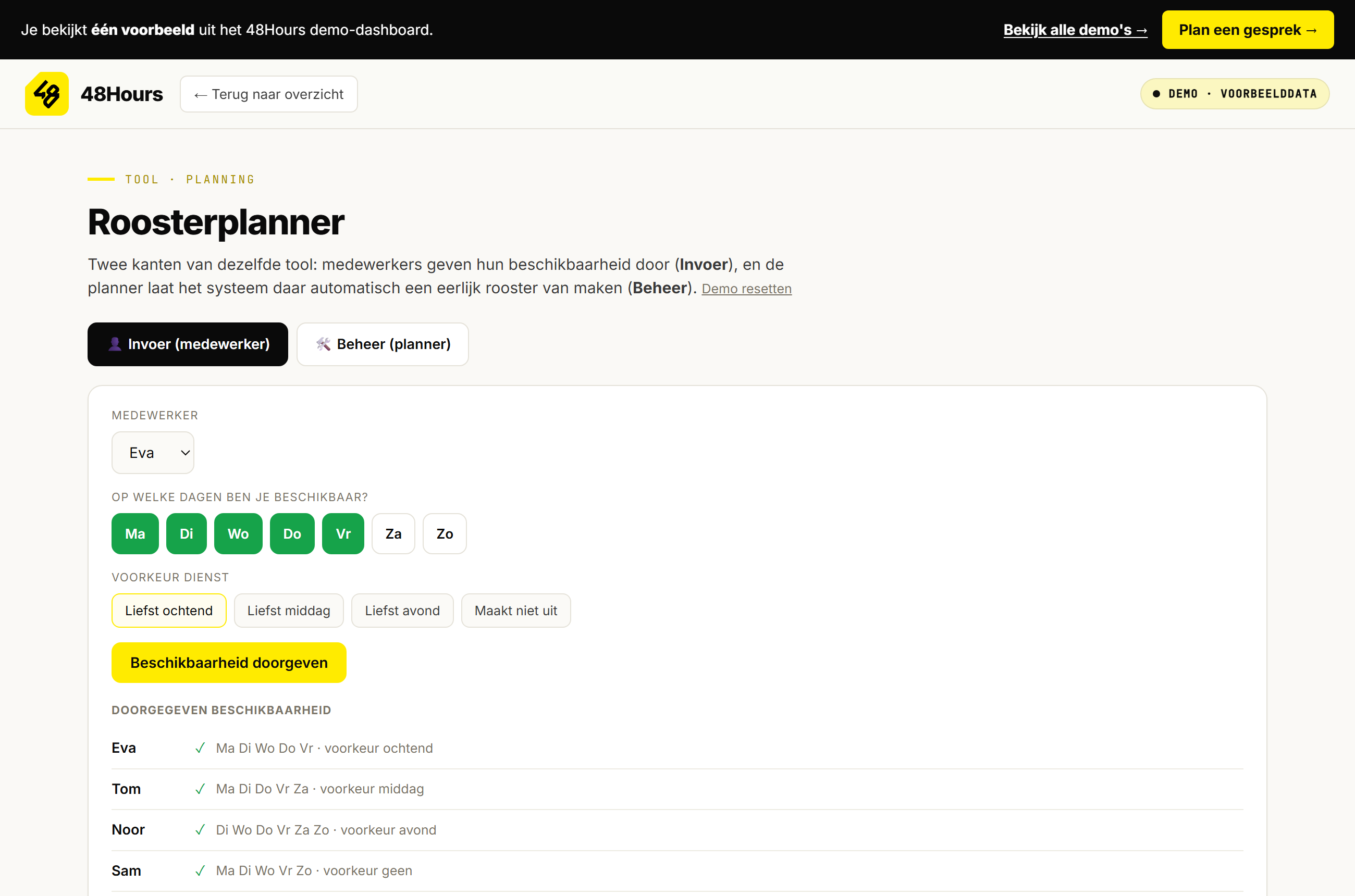 Screenshot van de live demo